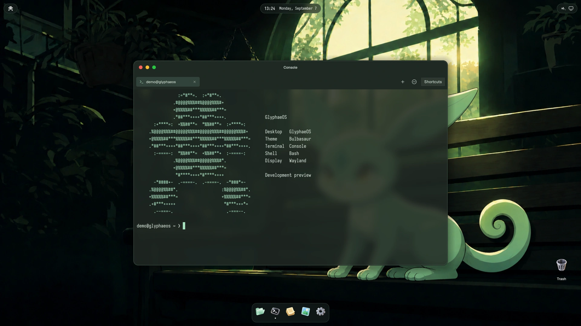 GlyphaeOS desktop in the Bulbasaur theme, with its wallpaper, dock and native Console centered on a synthetic demo prompt.