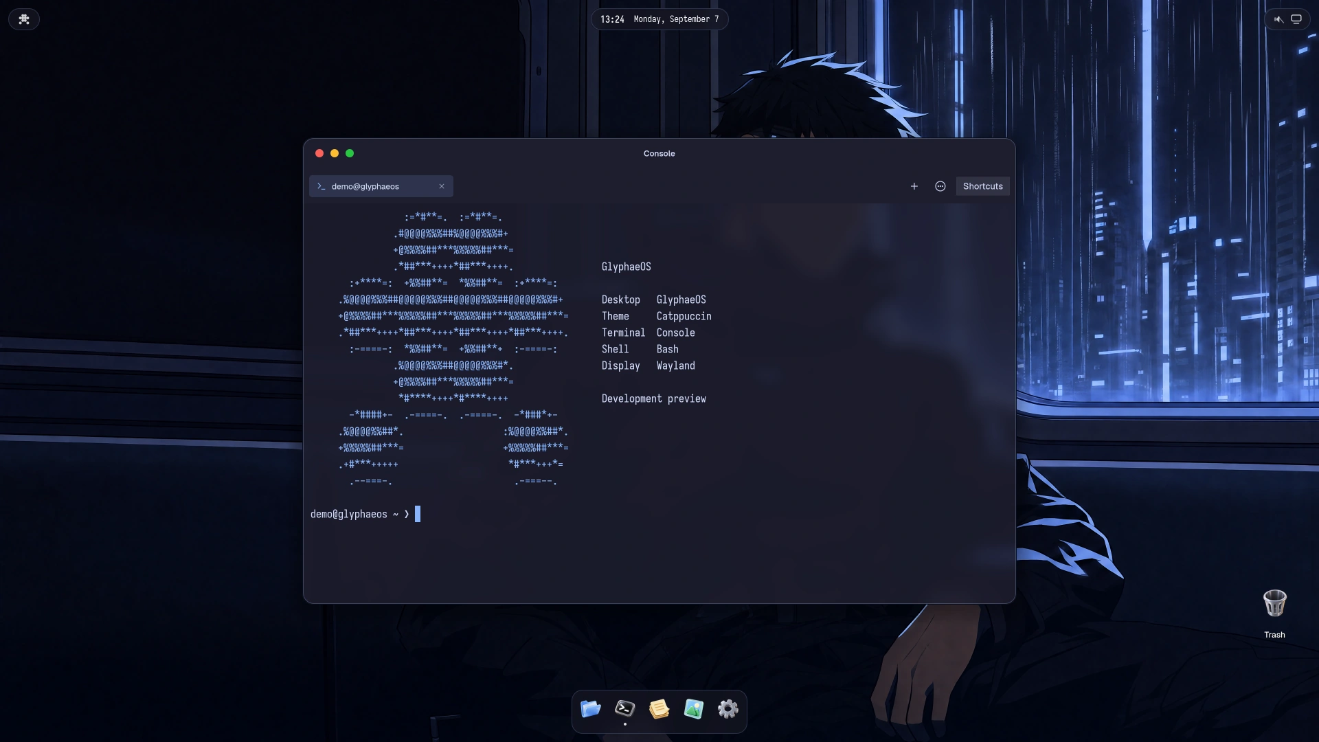 GlyphaeOS desktop in the Catppuccin theme, with its wallpaper, dock and native Console centered on a synthetic demo prompt.
