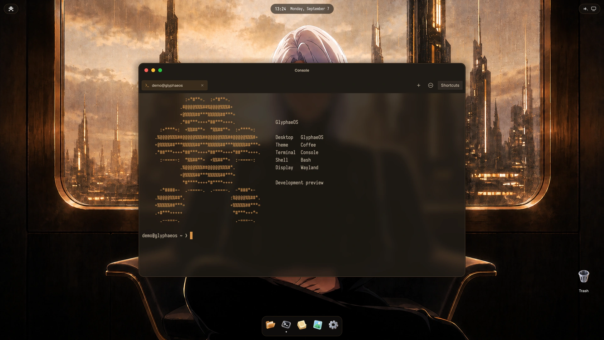 GlyphaeOS desktop in the Coffee theme, with its wallpaper, dock and native Console centered on a synthetic demo prompt.